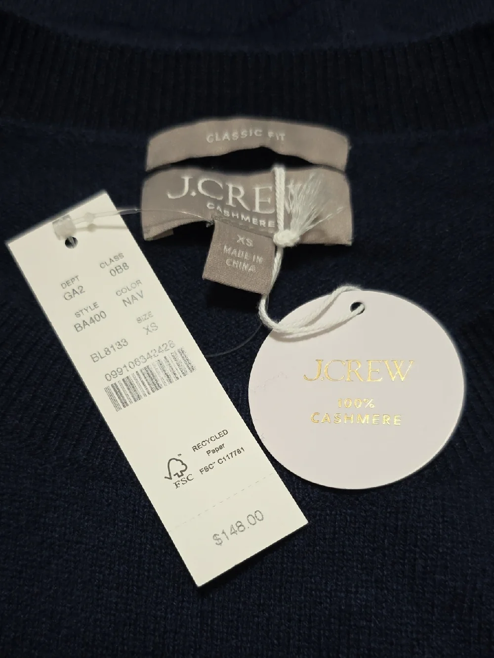 J. Crew Cashmere Classic Fit Crewneck Sweater in Navy Size XS NWT